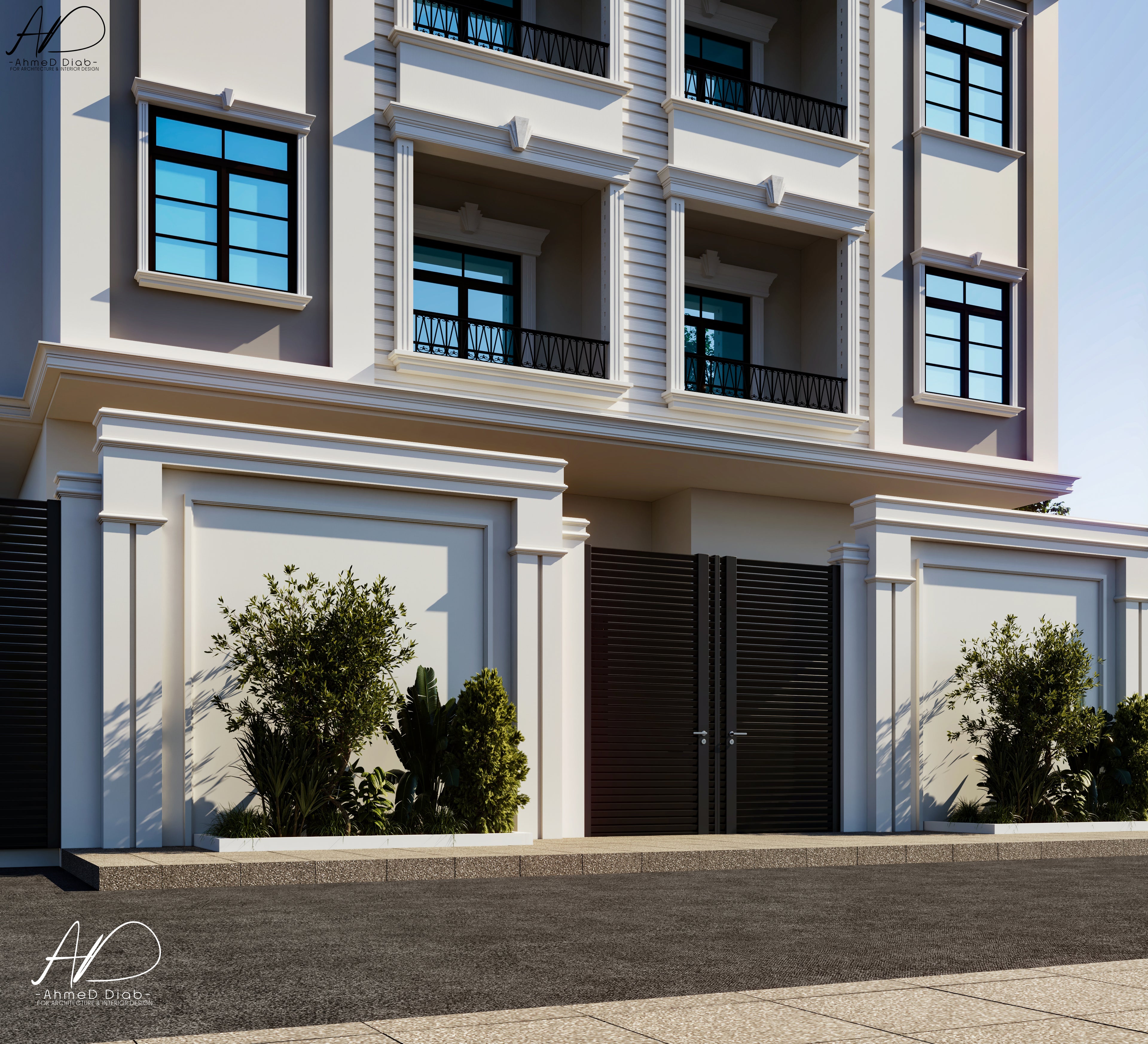 Stylized architectural rendering of a building facade with decorative elements.