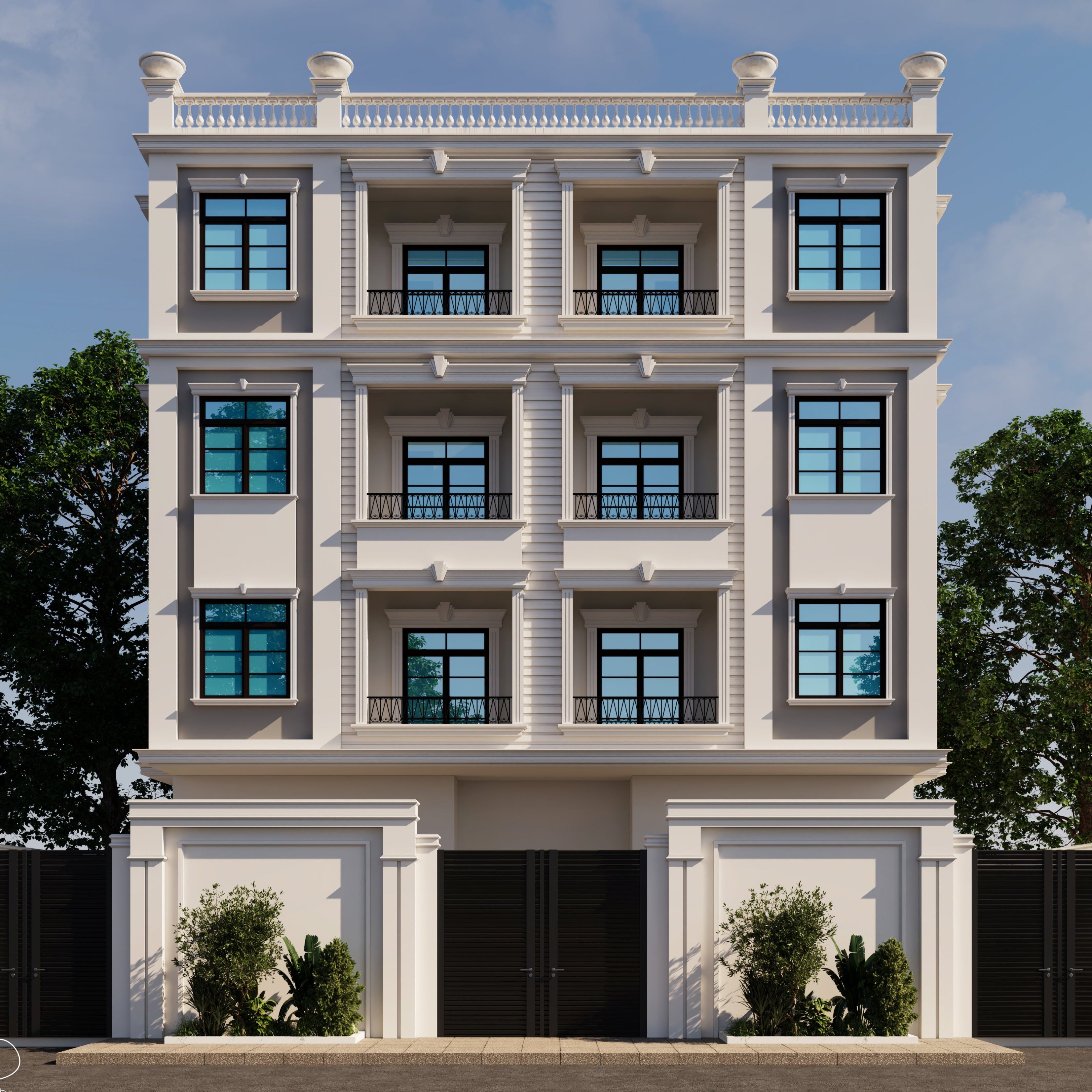 Stylized image of a multi-story building with classical architecture.